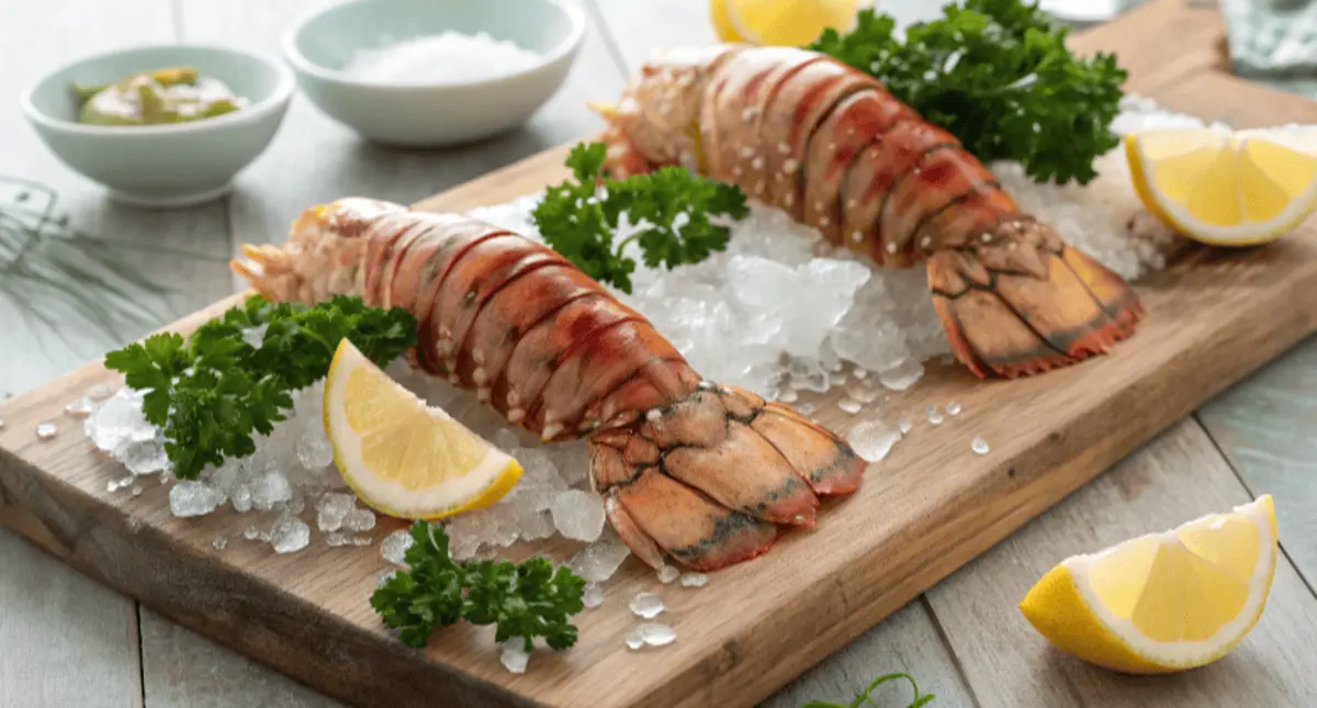 Frozen lobster tails on a wooden board with lemon wedges and parsley for garnish