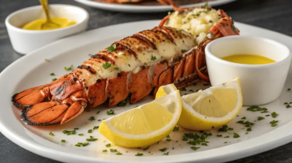 Cooked lobster tails on a platter, garnished with parsley and served with lemon wedges