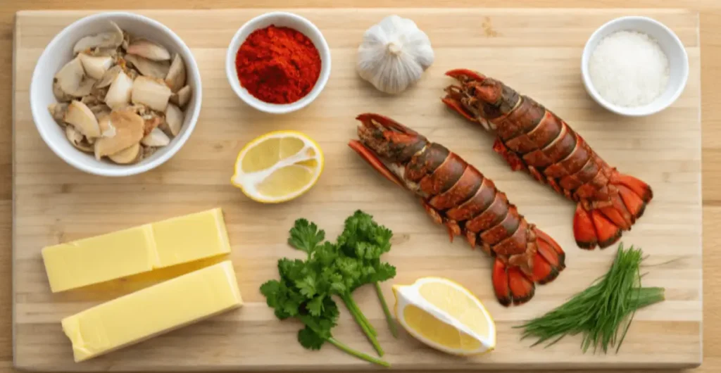 Flat lay of ingredients for cooking frozen lobster tails, including butter, garlic, paprika, and lemon