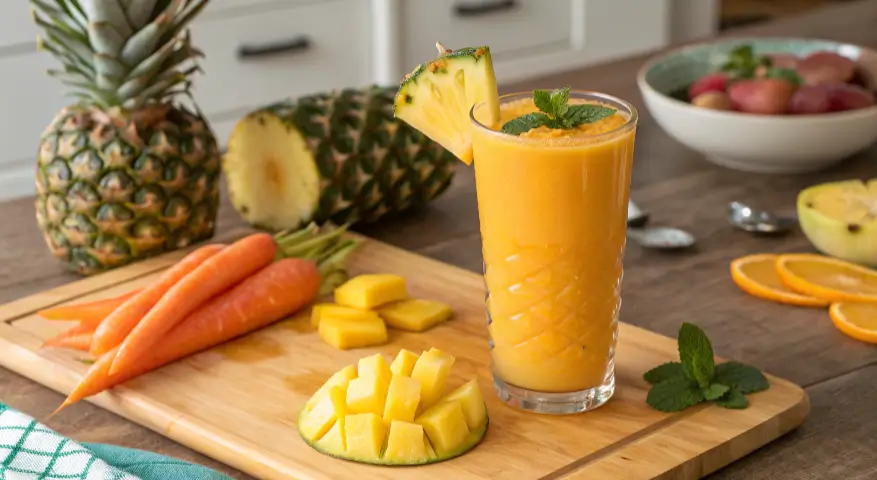 A vibrant tropical smoothie in a tall glass made with carrot juice, mango, and pineapple, garnished with a pineapple slice and mint, surrounded by fresh fruits and carrots on a wooden counter