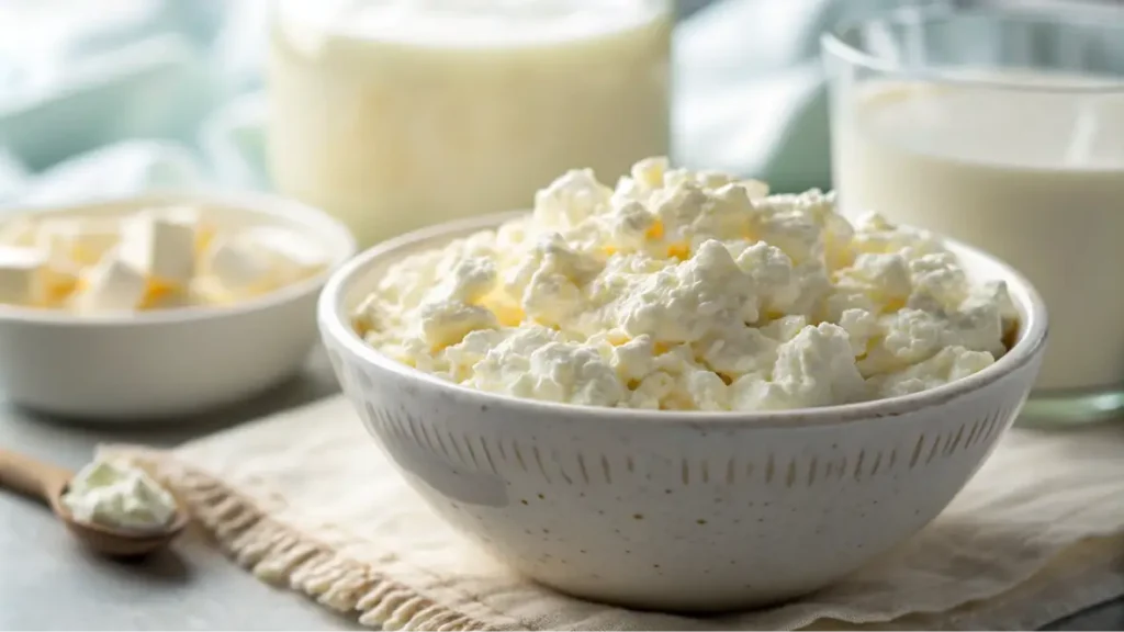 A bowl of fresh cottage cheese with a smooth texture, highlighting its creamy consistency and slight lumps, ready for baking.