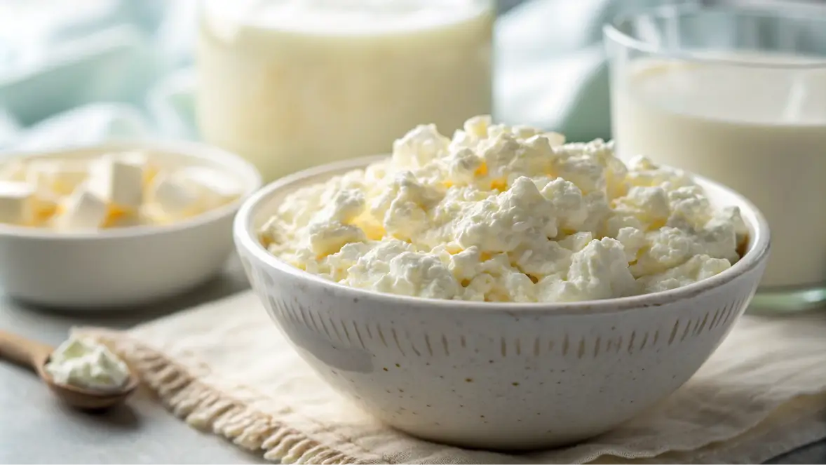 A bowl of fresh cottage cheese with a smooth texture, highlighting its creamy consistency and slight lumps, ready for baking.