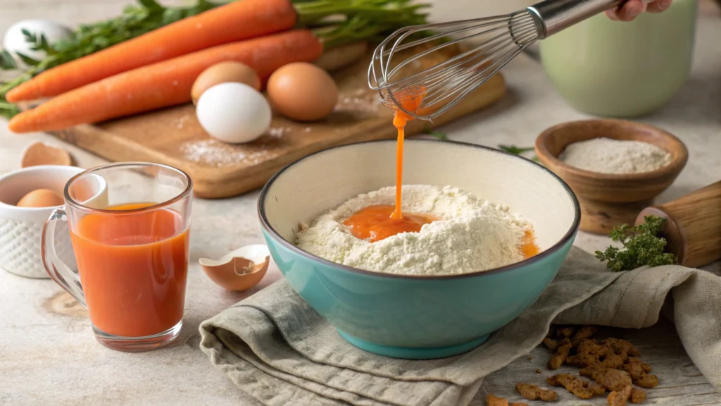 Carrot juice being used in baking, with ingredients like flour, eggs, and a whisk on a kitchen counter.