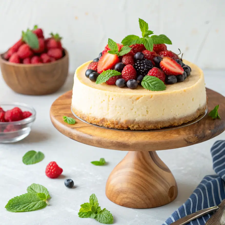 A freshly baked cheesecake made with cottage cheese, topped with berries and mint leaves, showcasing its smooth texture and light appearance.