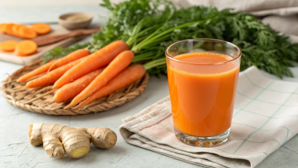 A glass of freshly made carrot juice with carrots and ginger in the background