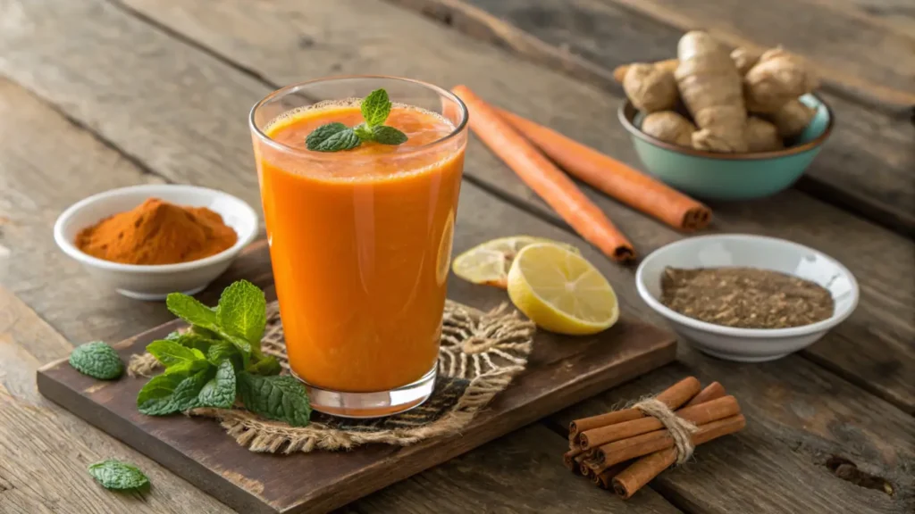 A glass of fresh carrot juice garnished with mint and lemon, placed on a rustic table with small bowls of ginger and cinnamon.