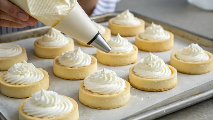 Pastries being filled with a smooth cottage cheese mixture, piped using a pastry bag, example of baking with cottage cheese