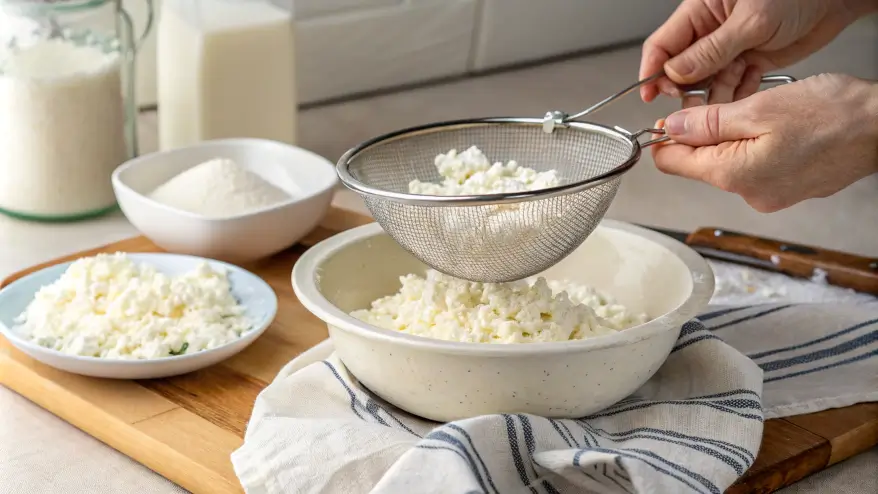 Cottage cheese being drained in a fine mesh strainer, with a hand holding it steady over a bowl to remove excess liquid for baking preparation.