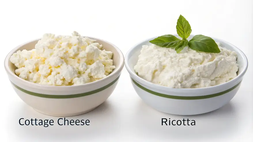 Side-by-side comparison of cottage cheese and ricotta in small bowls, showcasing their differences in texture and appearance.