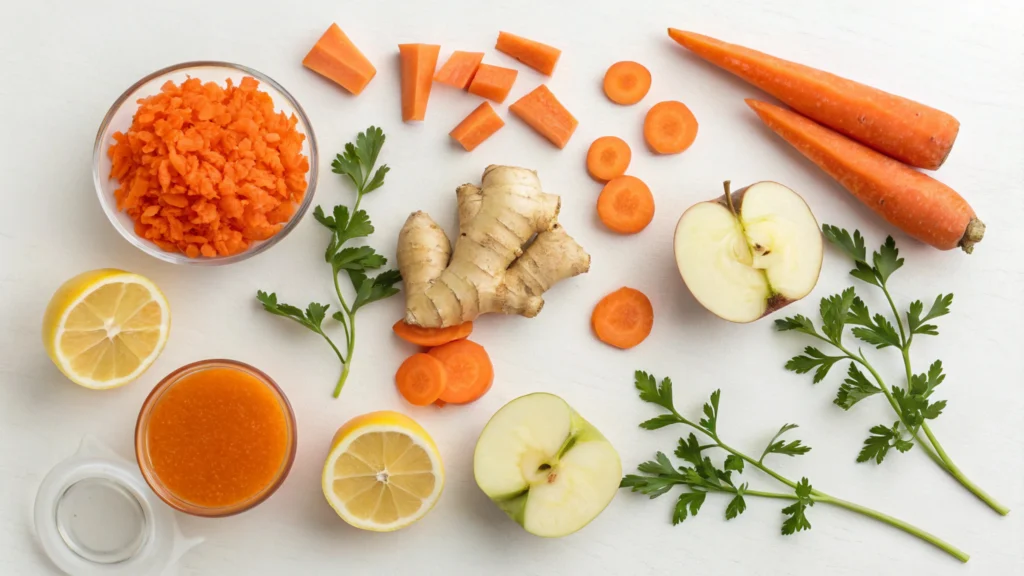 Ingredients for customizing carrot juice, including carrots, apples, ginger, and lemon.