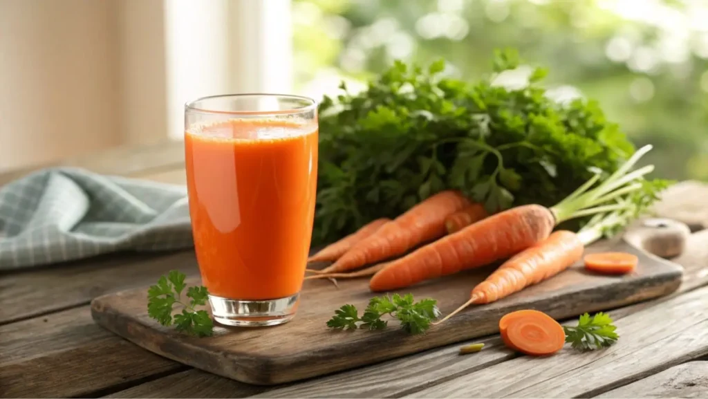 A vibrant glass of fresh carrot juice placed on a wooden table surrounded by fresh carrots, green parsley, and a soft natural light setting.