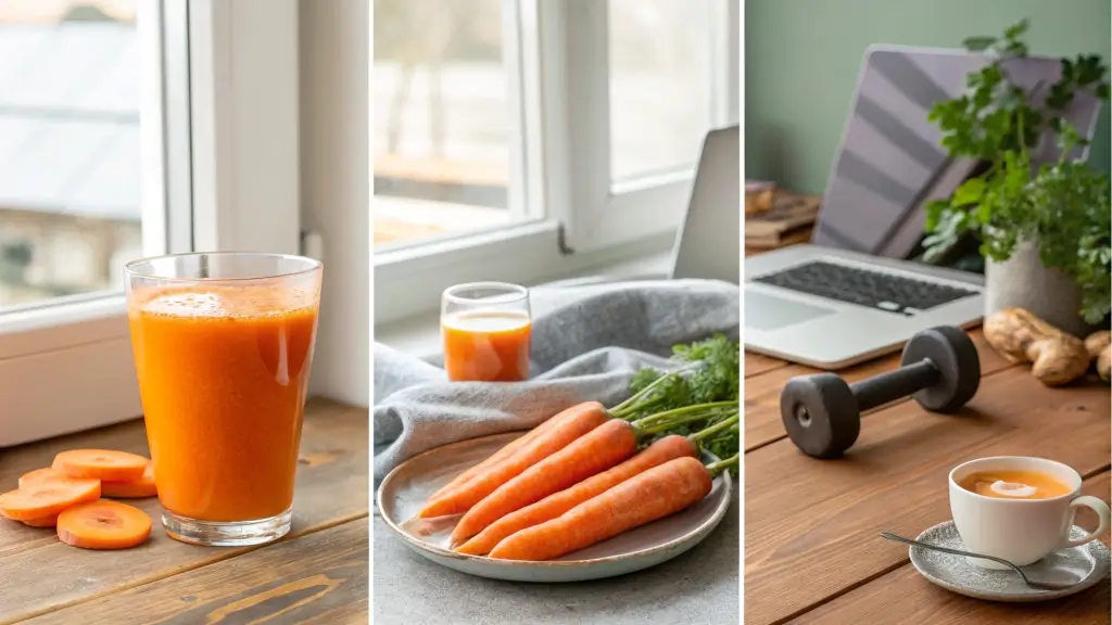 Practical tips for drinking carrot juice every day: morning boost, pre-workout fuel, and afternoon pick-me-up with three sections showing each timing without any people.