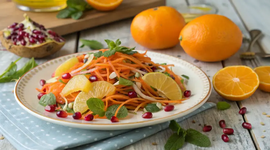 "A colorful summer salad with shredded carrots, orange segments, pomegranate seeds, and fresh mint leaves, drizzled with a light dressing and served on a rustic wooden table.