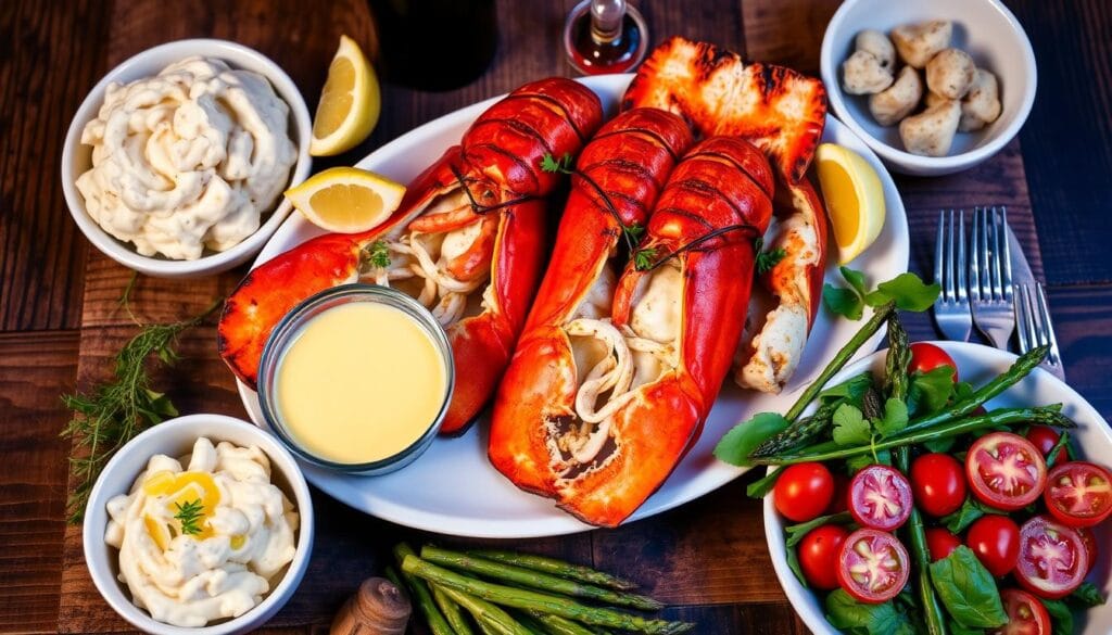 plated-lobster-meal-with-sides-mashed-potatoes-hollandaise-asparagus-and-tomato-salad-wooden-table