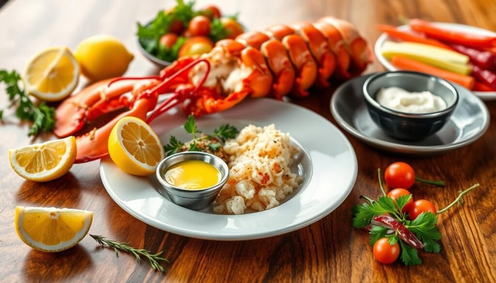 cooked-lobster-with-rice-lemon-butter-veggies-and-dipping-sauce-presented-on-a-wooden-table