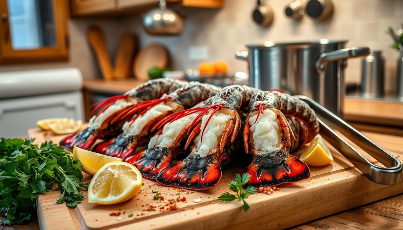 Freshly grilled lobster tails garnished with lemon wedges and herbs on a wooden cutting board in a cozy kitchen setting.