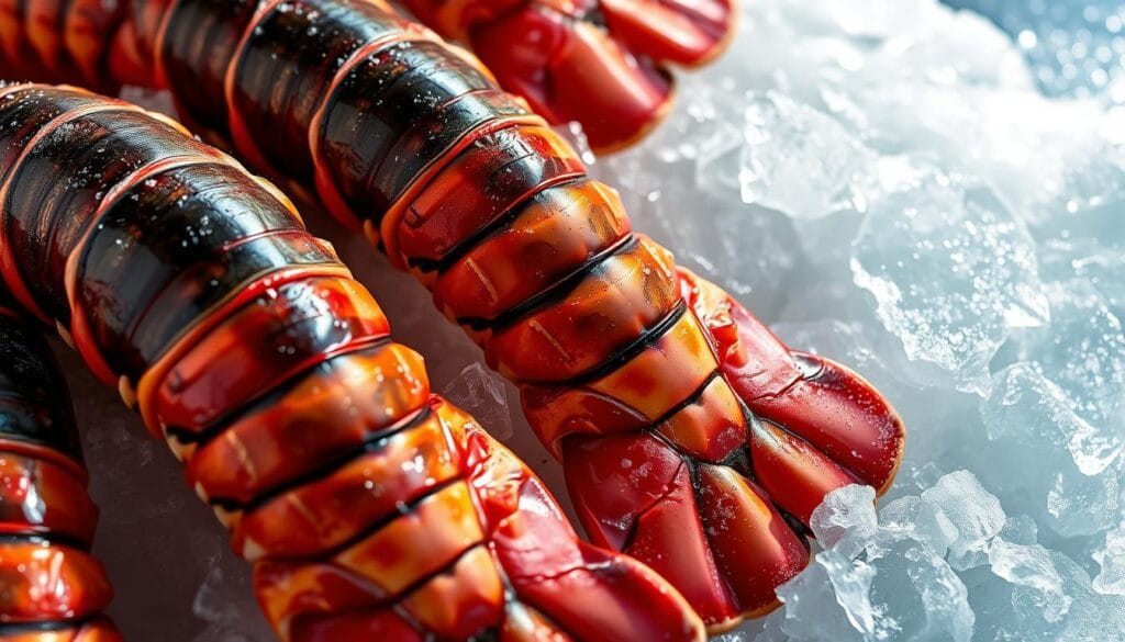 fresh-lobster-tails-red-and-black-displayed-on-crushed-ice-seafood