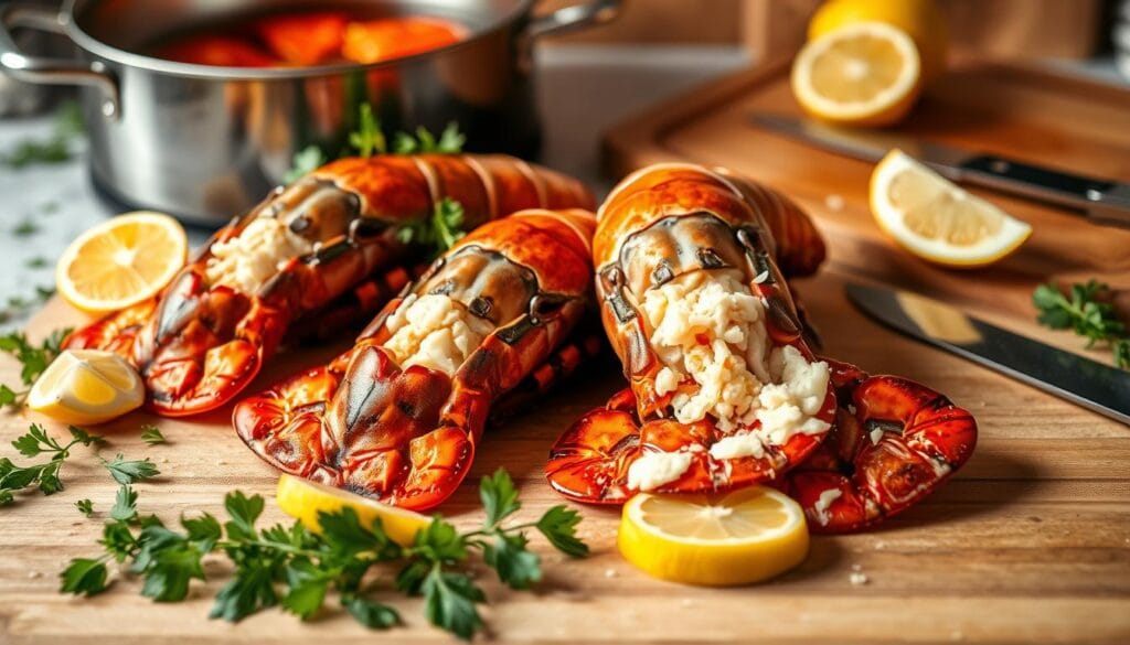 cooked-lobsters-split-open-on-a-wooden-board-with-lemons-and-parsley-stainless-pot-in-background