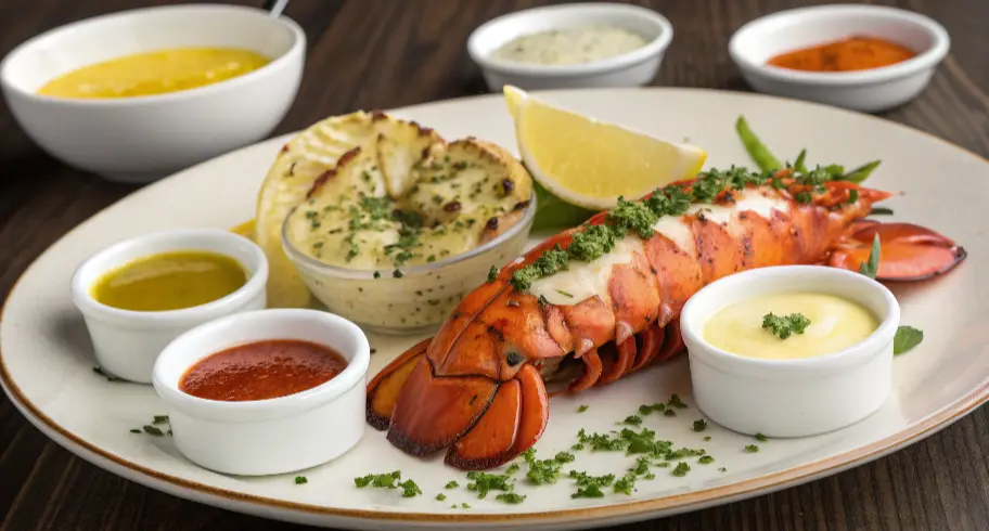 A plated lobster tail with lemon wedges and fresh herbs, surrounded by small bowls of various sauces including clarified butter, garlic herb butter, béarnaise, mango-habanero glaze, truffle aioli, smoked paprika cream, and more, set on a dark wooden table.