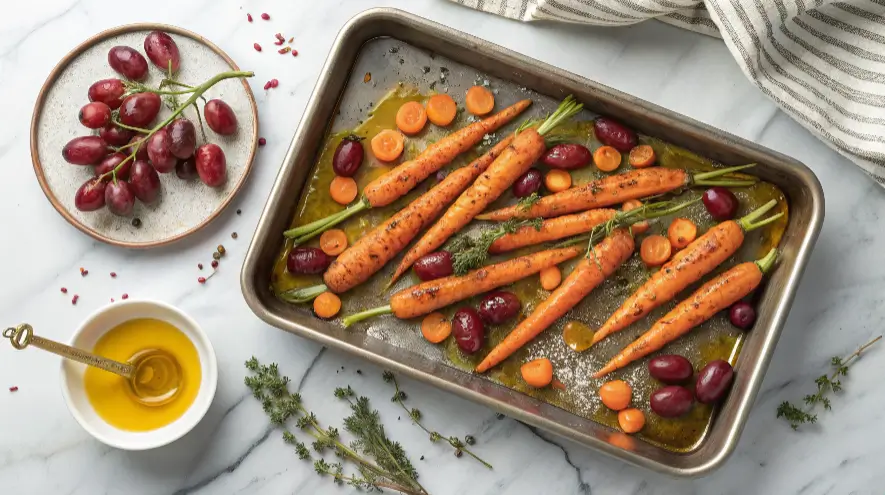 A baking tray filled with roasted baby carrots and grapes, glistening with olive oil and honey, surrounded by fresh carrots and grapes on a marble countertop.