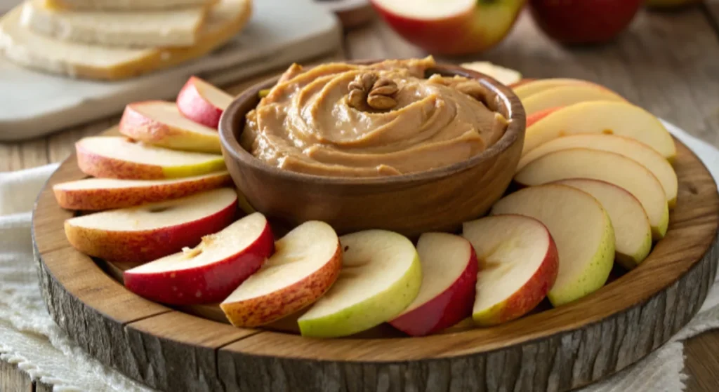 Apple slices with pecan dip on a wooden platter.