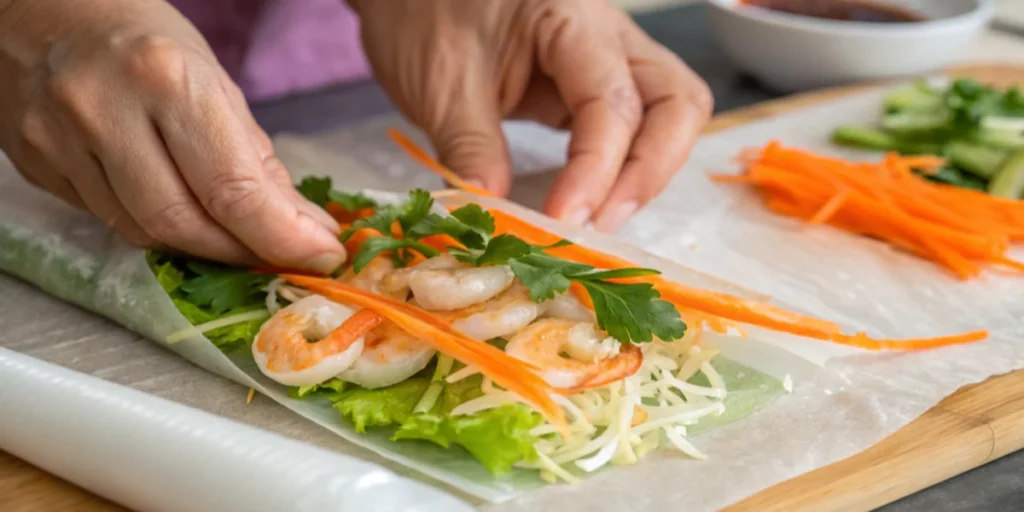 Layering ingredients for the inside of a spring roll on rice paper