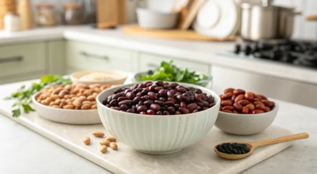 A bowl of kidney, pinto, and black beans on a kitchen countertop