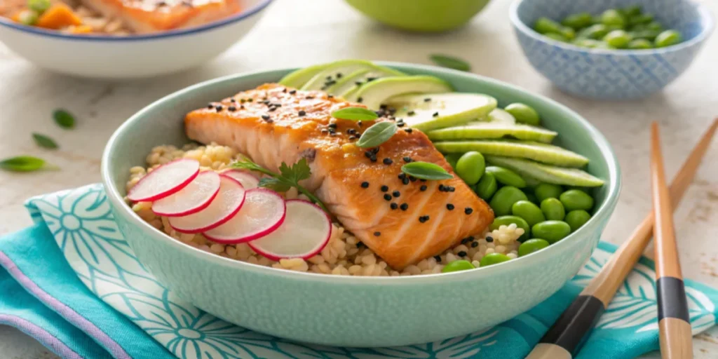 Bang Bang Salmon bowl with quinoa, fresh vegetables, and sauce drizzle