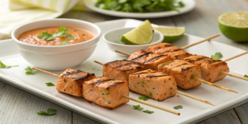 Grilled Bang Bang Salmon skewers served with dipping sauce and lime wedges