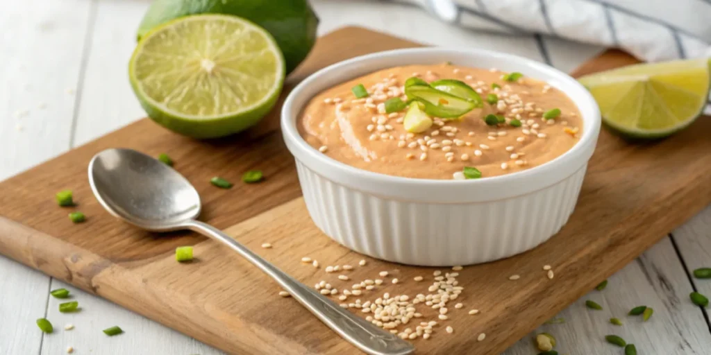 A dipping bowl of Bang Bang Sauce garnished with sesame seeds and lime zest