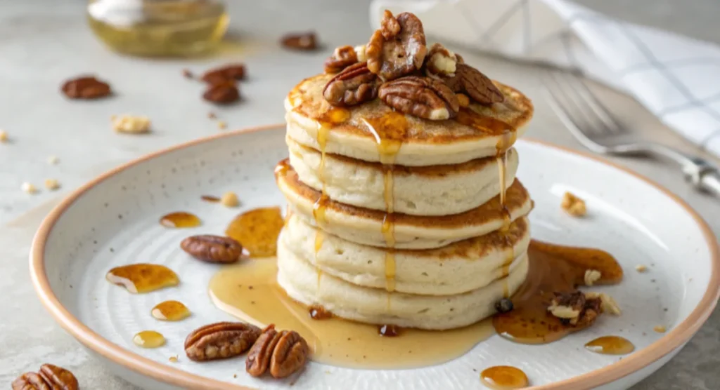 Mini pancakes topped with pecan dip and syrup.