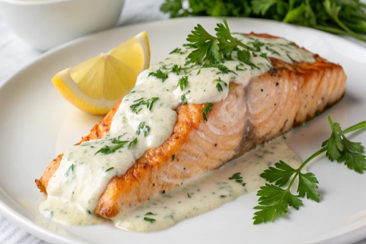 Broiled salmon fillet drizzled with creamy lemon dill sauce, garnished with parsley and lemon