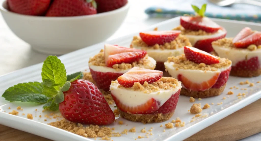 Fresh strawberries filled with creamy cheesecake and topped with crushed graham crackers.