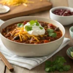 A bowl of chili with cheese, sour cream, and cilantro, surrounded by neatly placed lime wedges and a wooden spoon on a rustic table.