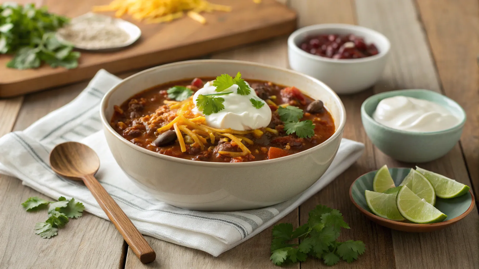 A bowl of chili with cheese, sour cream, and cilantro, surrounded by neatly placed lime wedges and a wooden spoon on a rustic table.