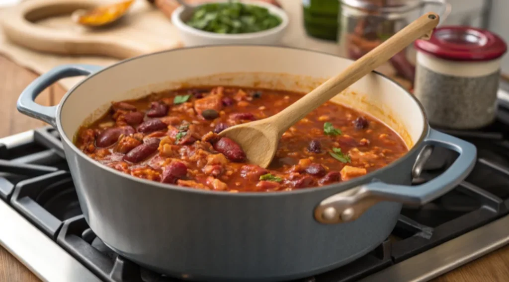 A pot of chili with beans, tomatoes, and spices on a stove