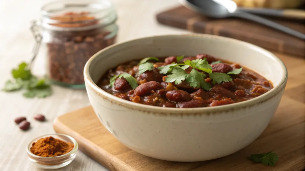 A bowl of freshly made chili with dry beans, garnished with cilantro.