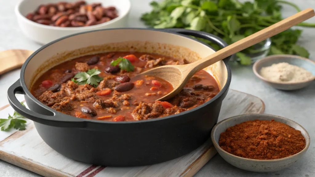 Chili simmering in a Dutch oven with beans, beef, and a rich tomato base