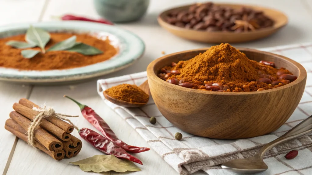 A wooden bowl of chili spice blend surrounded by dried spices and cooked beans.