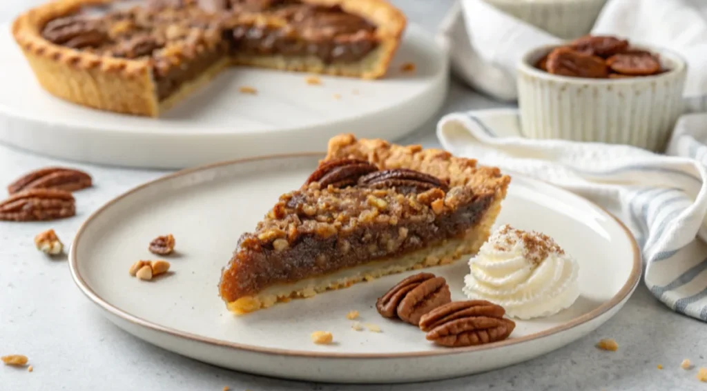  Chilled pecan pie slice served on a plate with whipped cream.