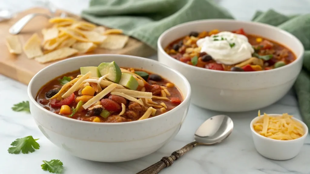 Two bowls of taco soup, one chunky and one creamy, highlighting thickness preferences.