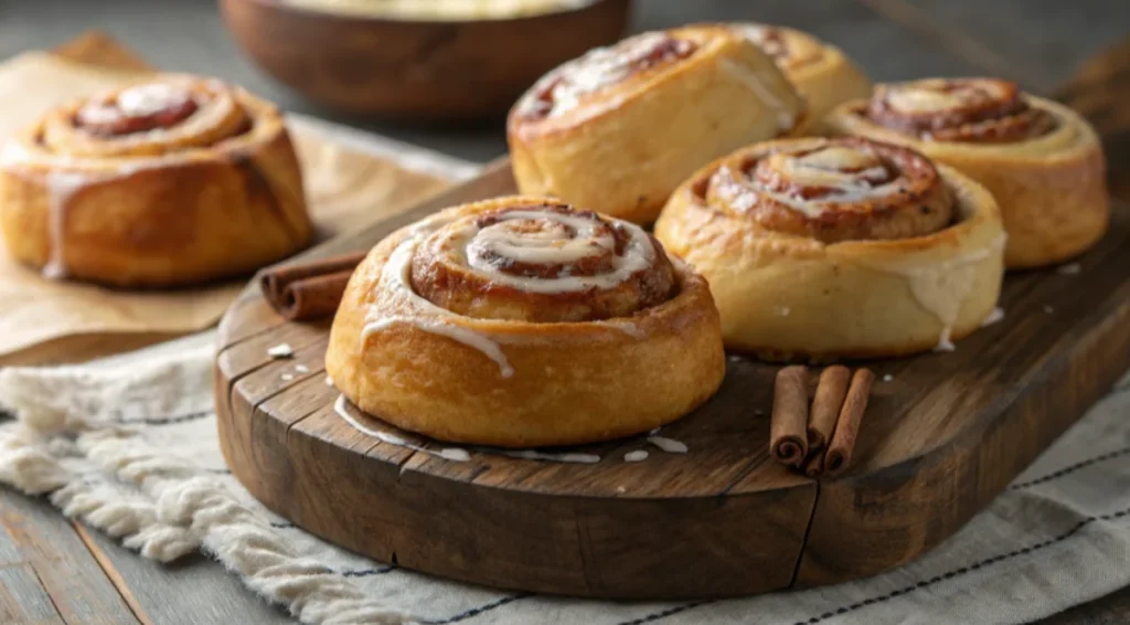 Cinnamon rolls with cream cheese filling and icing on a wooden platter.