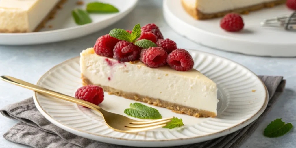 Slice of New York-style cheesecake topped with fresh raspberries