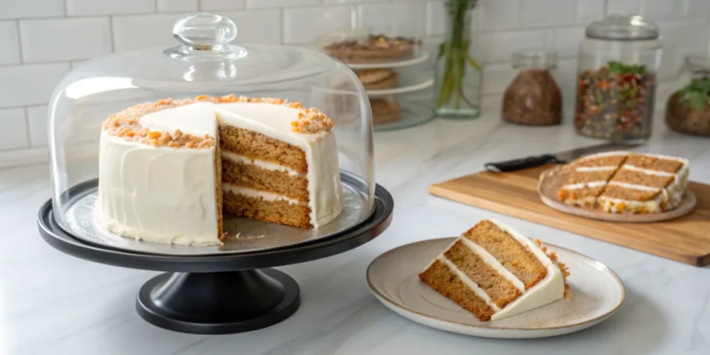 A frosted carrot cake with cream cheese filling under a glass dome, with a thermometer showing 75°F room temperature.