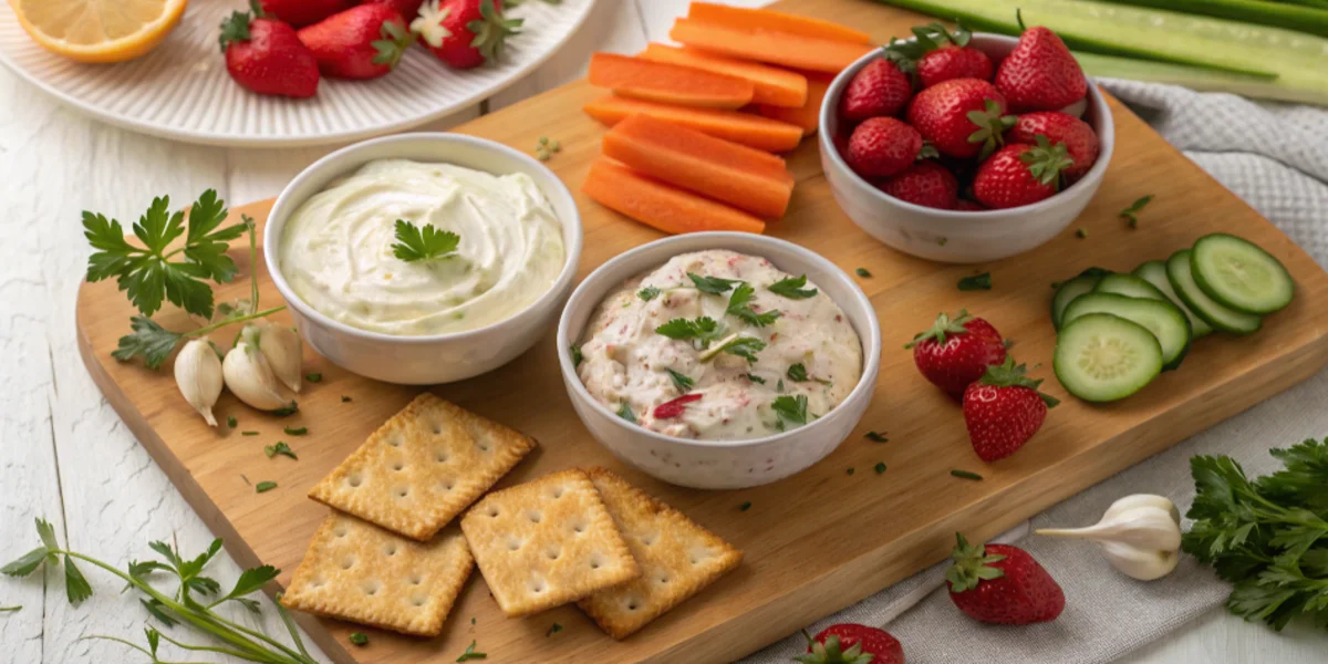 An assortment of cream cheese mixes, including sweet fruit and savory herb options, served with crackers, veggies, and fruits.