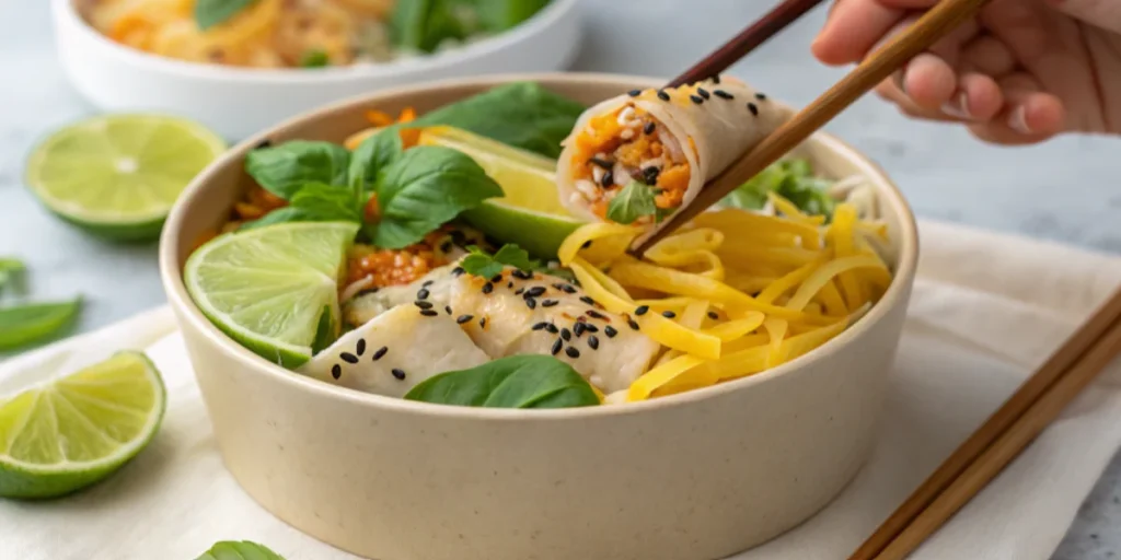 Close-up of a spring roll bowl garnished with sesame seeds, lime, and Thai basil