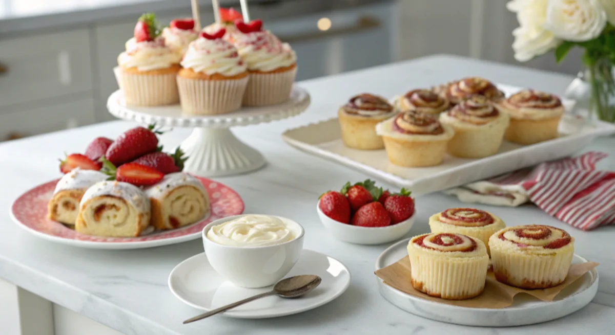 A dessert spread featuring cupcakes, cinnamon rolls, and strawberries with creamy fillings.