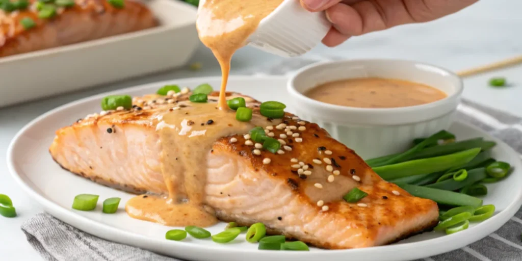 Drizzling Bang Bang sauce over a baked salmon fillet garnished with green onions