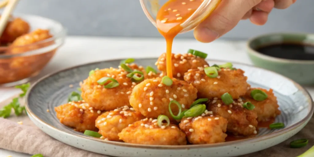  Drizzling Bang Bang Sauce over crispy shrimp with green onion garnish