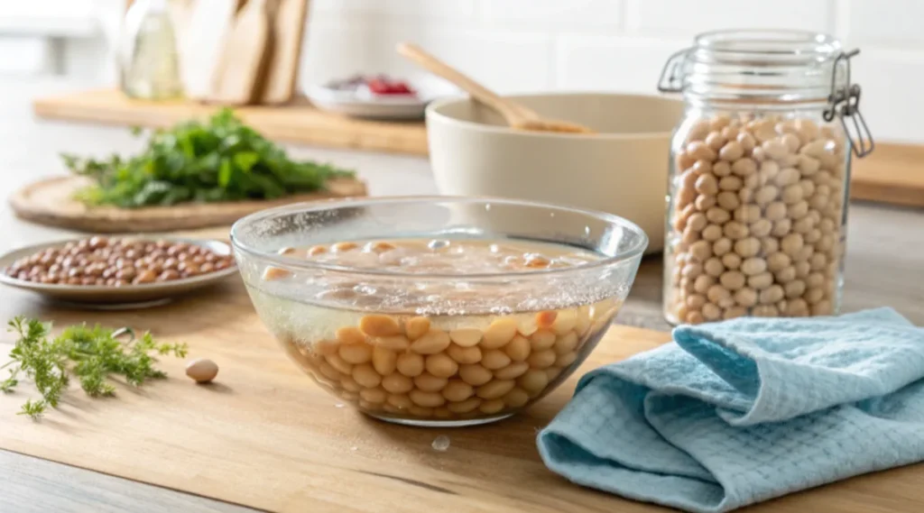 A glass bowl of soaking beans on a wooden countertop with bubbles, surrounded by a jar of dried beans, a towel, and herbs in a bright kitchen setting.